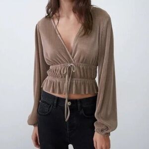 ZARA Blouse Womens Shimmer Metallic Bronze Long Sleeve Cropped Waistband sz M